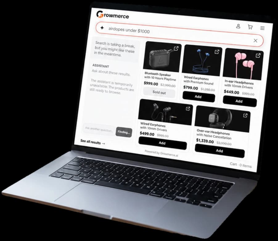Growsearch running on a storefront, answering a shopper's question with products they can add to the cart from the results