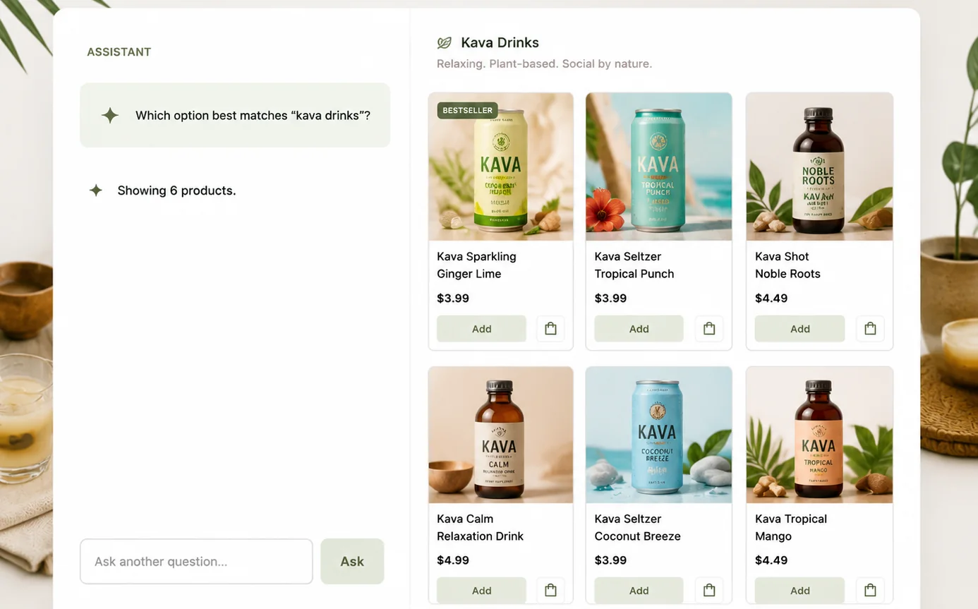 Search answering “kava drinks” with six kava drinks, each with an Add button and a cart count below