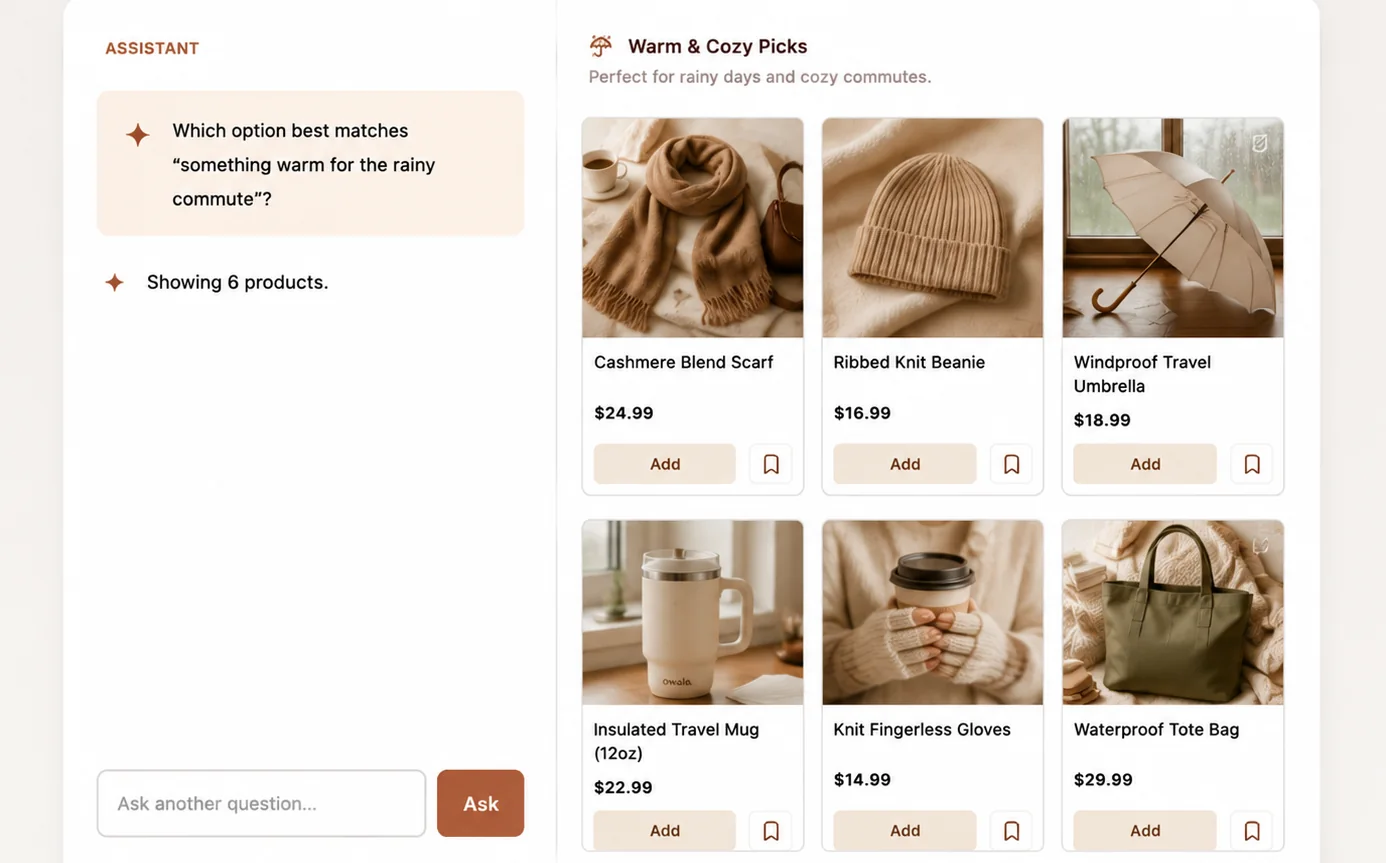 Search answering “something warm for the rainy commute” with a scarf, a beanie, an umbrella, a travel mug, gloves and a tote
