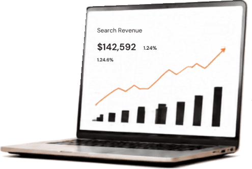 A laptop showing search revenue climbing to $142,592