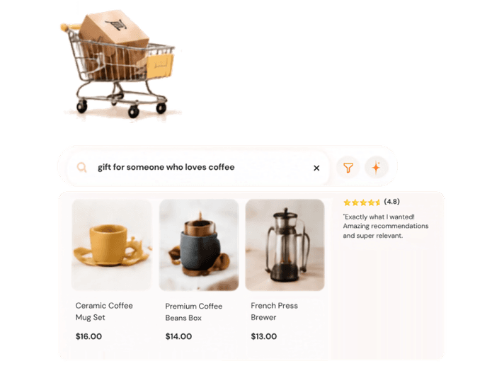 A Growmerce search for “gift for someone who loves coffee” returning coffee products, beside a trolley of parcels